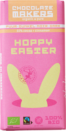 Chocolatemakers Hoppy Easter puur organic chocolate bar, 80g, with a smooth dark chocolate surface and festive Easter packaging.