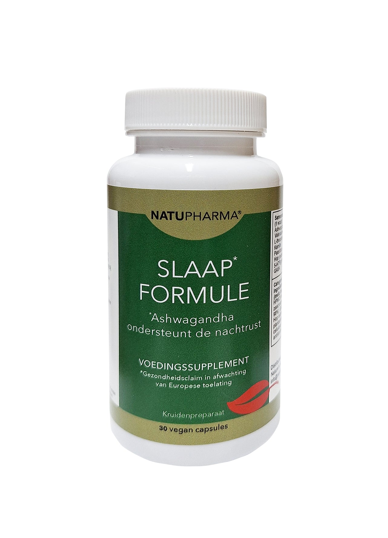 Vegetarische capsules van Natupharma Slaapformule voedingssupplement voor verbeterde slaap, met natuurlijke kruidenpreparaten.