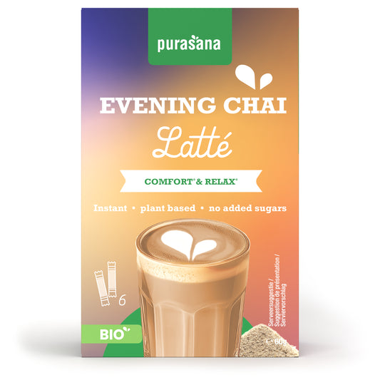 Purasana Instant Evening Chai Latte sachets, organic tea blend in 6 packs of 10g each, displayed in the image.
