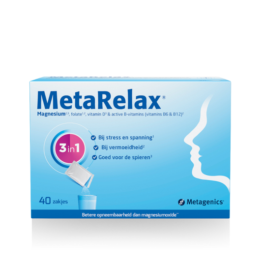 Box of Metagenics Metarelax mineral multivitamin sachets, featuring 40 individual packets for daily nutritional support.