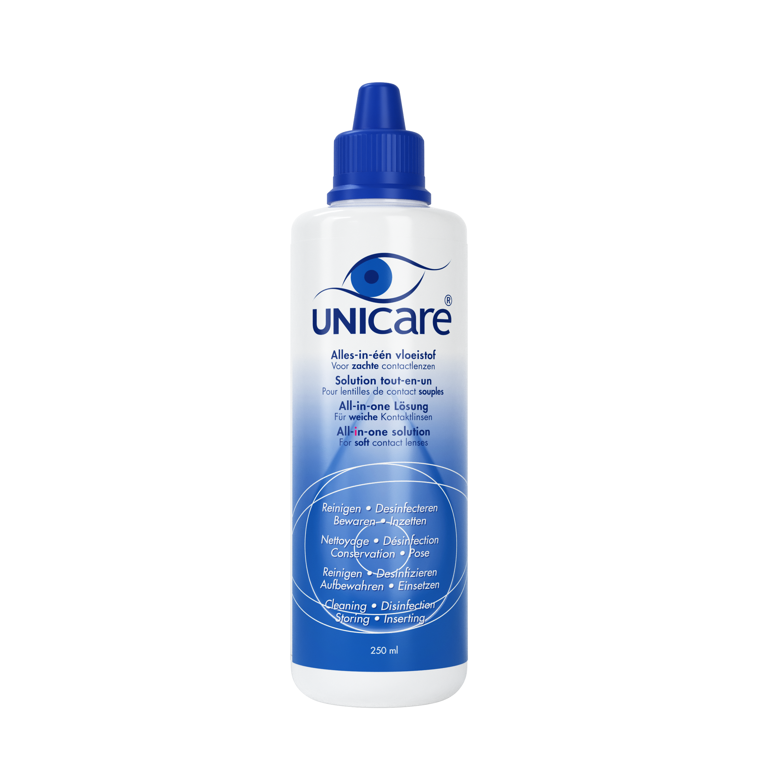 Unicare AIO contact lens solution for soft lenses, 250ml bottle, clear front label with brand and product details.