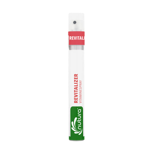 Nutura Vitaminesprays ReVitalizer vitamin spray bottle, 14.4 ml, with colorful packaging and spray nozzle visible.