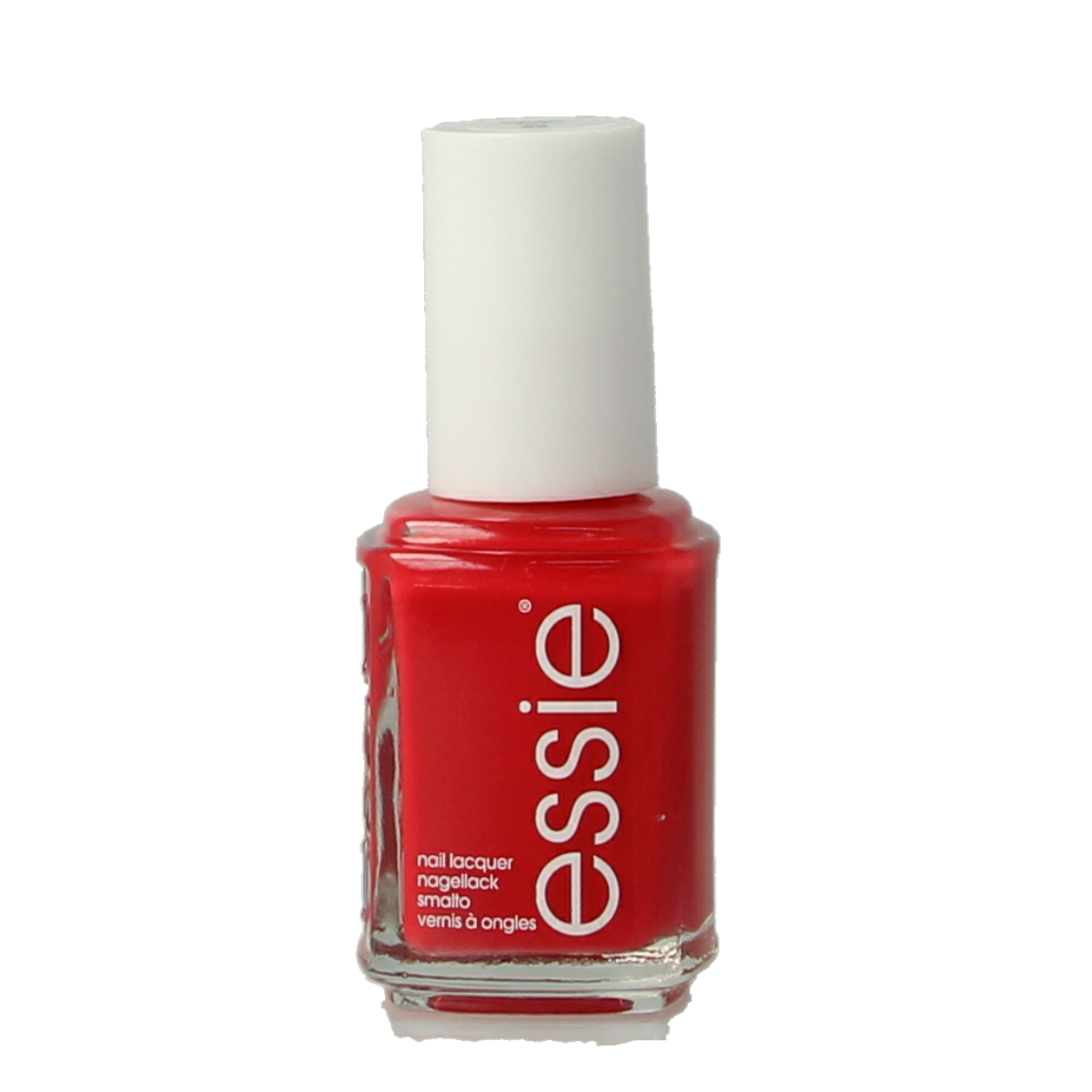 Essie Too Too Hot nail polish bottle, 13.5 ml, vibrant orange-red makeup product with a round cap and clear label.