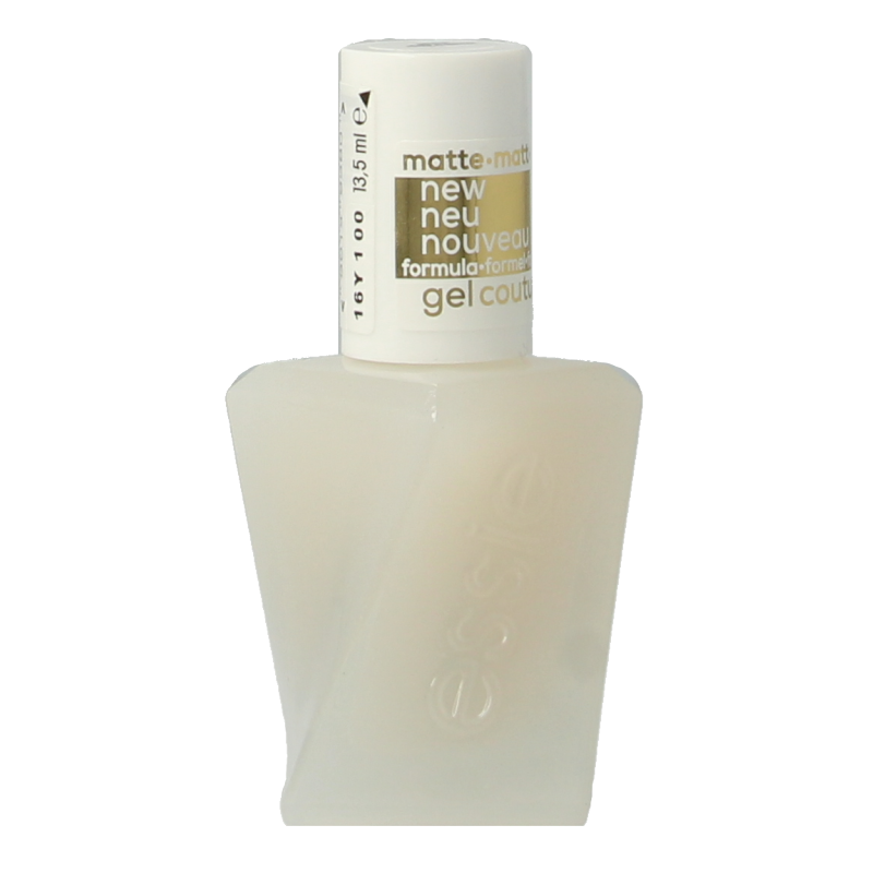 Essie Gel Couture matte top coat in a 13.5ml bottle, showing the clear nail polish with matte finish for long-lasting manicures.