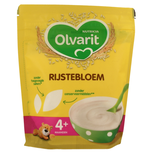 Olvarit baby rice flour for 4+ months, 200g package, suitable for baby and toddler nutrition, with a clear product label.