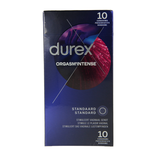 Box of Durex Orgasm Intense condoms with 10 pieces, featuring packaging with the Durex logo and product information.