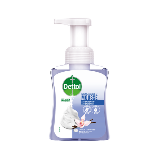 Dettol Vanilla & Orchid hand care mousse bottle, 250ml, with a white pump dispenser and floral design on the label.