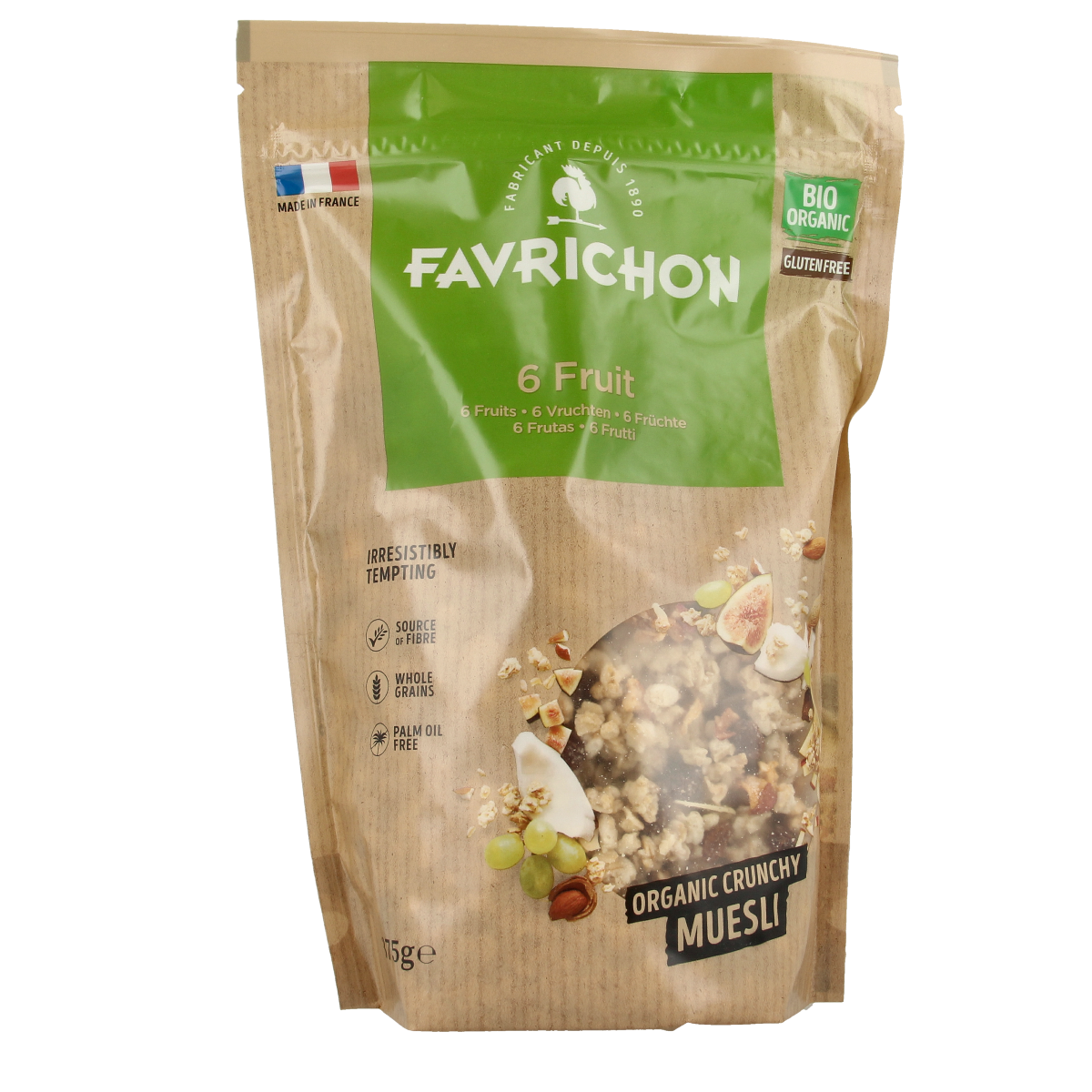 Favrichon organic 6-fruit muesli in a 375g package, showing a close-up of the cereal with dried fruits and grains.