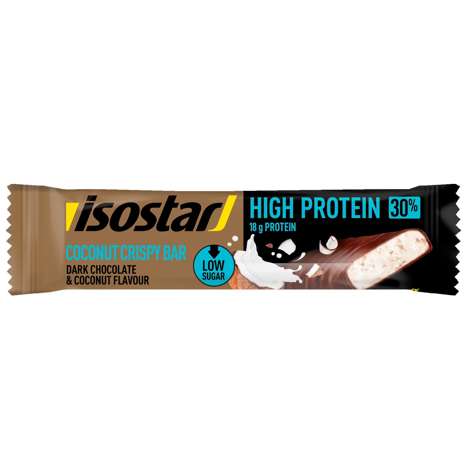 Isostar high protein coconut crispy bar, 55g, sport nutrition snack with crunchy coconut flavor and high protein content.