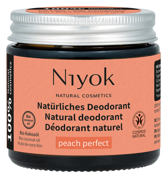 Niyok Peach Perfect deodorant stick, 40ml, with peach scent and anti-transpirant properties, in a sleek packaging.