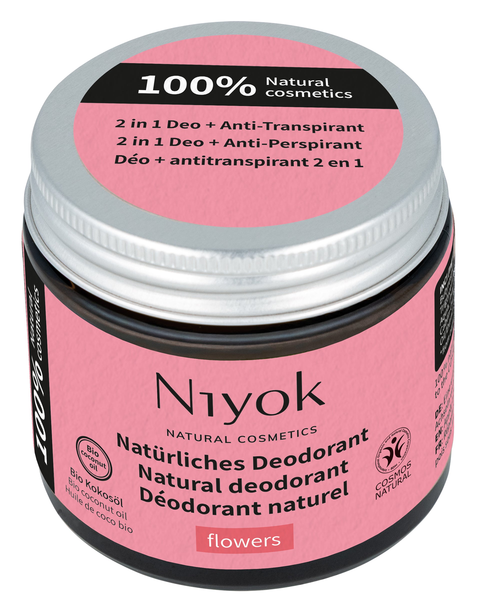 Niyok deodorant with floral scent in a 40ml spray bottle, featuring a sleek design and floral-themed packaging.