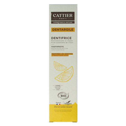 Cattier lemon toothpaste 75ml tube with a bright yellow label and a white cap, designed for freshening breath and oral hygiene.