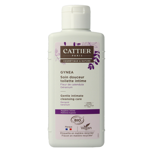 Cattier Gynea intimate hygiene cleansing care bottle, 200ml, for women's feminine hygiene, with a white and purple label.
