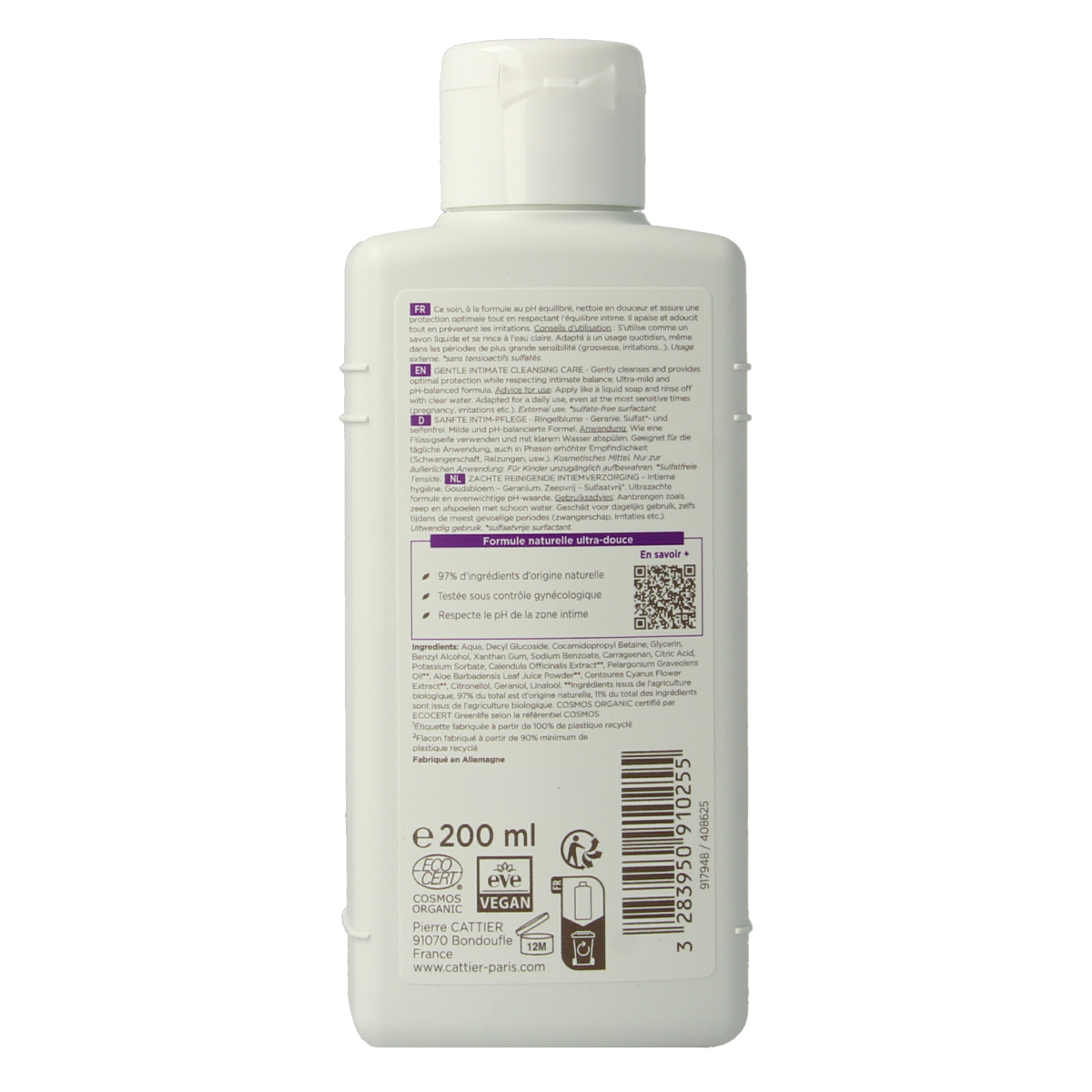 Cattier Gynea feminine hygiene cleansing care bottle, 200ml, for intimate feminine hygiene, with a white and purple label.