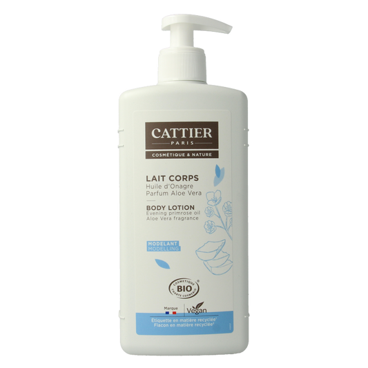 Cattier aloe vera and primrose body lotion 500ml, moisturizing body care product with natural ingredients, for smooth skin.