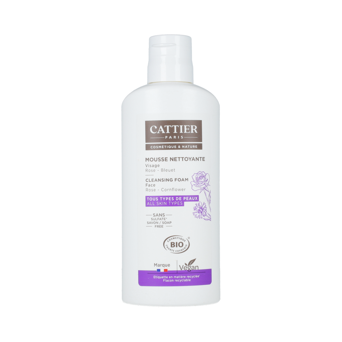 Cattier Reinigingsschuim Nuage Celeste facial cleansing foam in 150ml bottle, gentle skincare product for clean, fresh skin