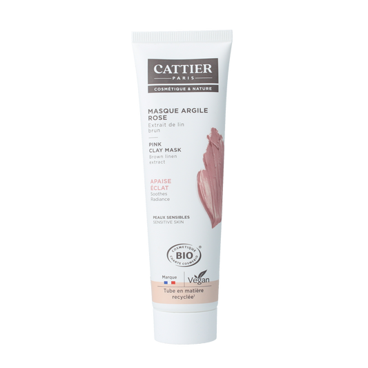 Cattier Roze Klei Masker Aloe, gezichtsverzorgingsproduct in 100ml, with pink clay and aloe vera visible in the tube.