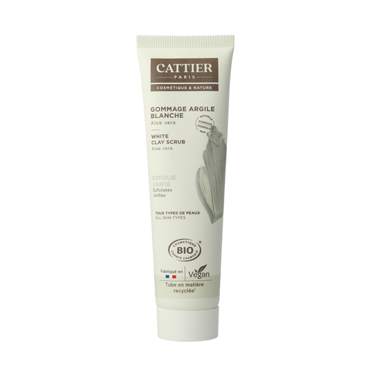 Cattier Witte Klei Peeling facial treatment in a 100ml tube, natural skincare product for gentle exfoliation and skin renewal.