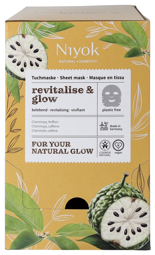 Niyok Revitalise & Glow sheet mask in 10ml for face skincare, featuring a vibrant packaging design with a glowing face illustration.