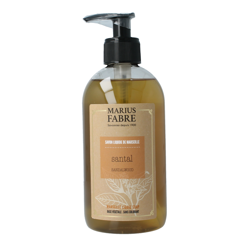 Marius Fabre Zeep sandelhout with pomp, 400ml, showcasing a soap bottle with a pump dispenser and sandelhout scent.