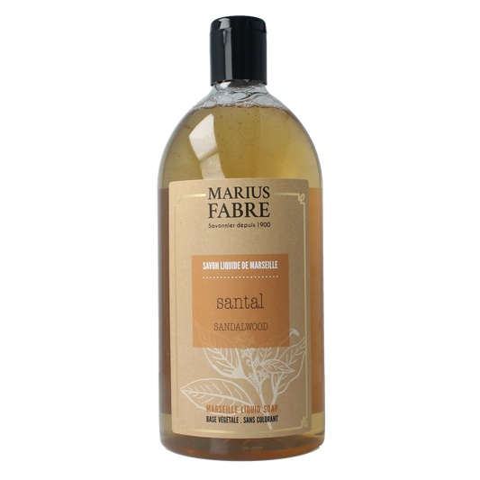 Marius Fabre Zeep sandelhout navulling 1 liter bottle showing the soap refill packaging with natural sandalwood scent.
