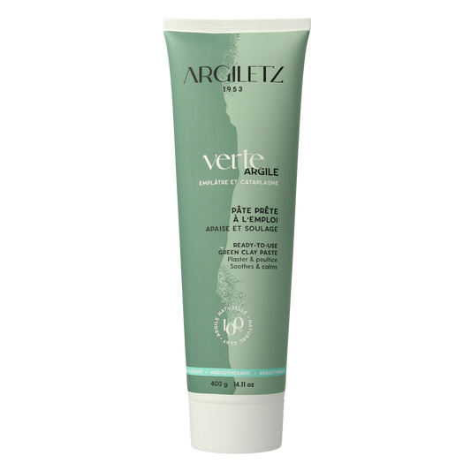 Green clay paste tube by Argiletz for body care, 400 grams, shown in a close-up image.
