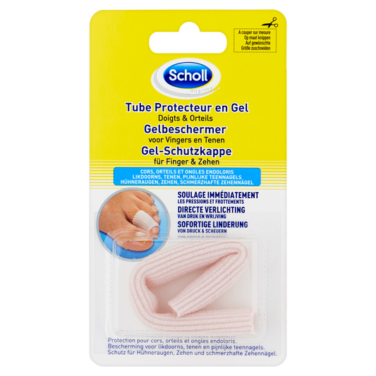 Scholl gel-based toe protector for teens, one piece, designed for foot care and comfort in a natural setting.