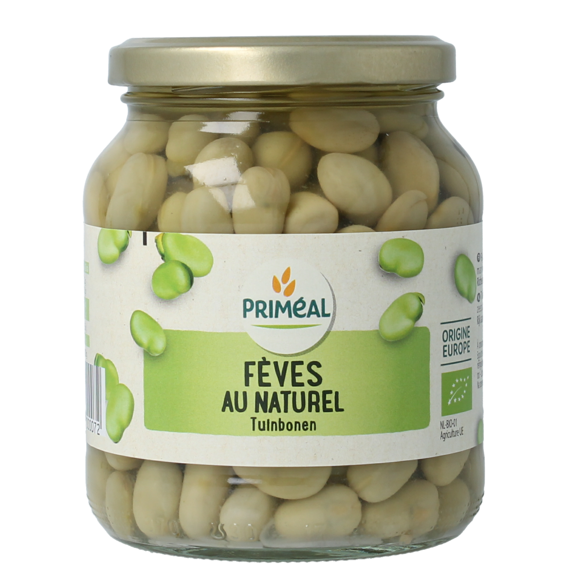 Primeal Tuinbonen bio 350g, fresh organic garden beans, green and plump, in a clear packaging.