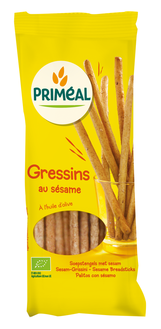 Primeal organic sesame soup sticks, 120g, in a clear package, showing crispy sesame seed crackers from Primeal brand.
