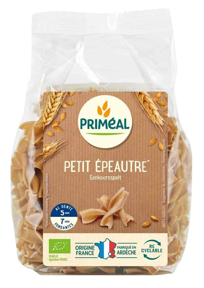 Primeal organic spelt fusilli pasta in 250g package, showing spiral-shaped pasta made from einkorn spelt grain.