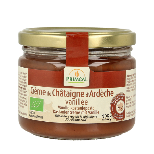 Primeal organic chestnut vanilla spread on bread, 325g jar, creamy and sweet with vanilla flavor, for breakfast or snacks.