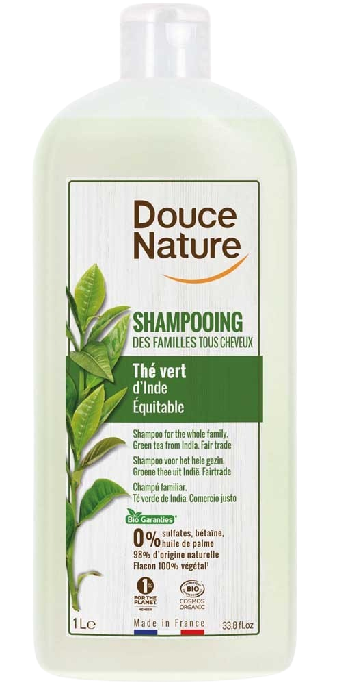 Douce Nature shampoo for shiny hair with green tea, family size 1 liter, natural organic hair care product.