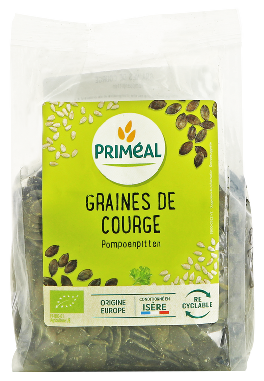 Organic Primeal pumpkin seeds in a 250g package, raw superfood, with greenish-brown shells and natural texture.