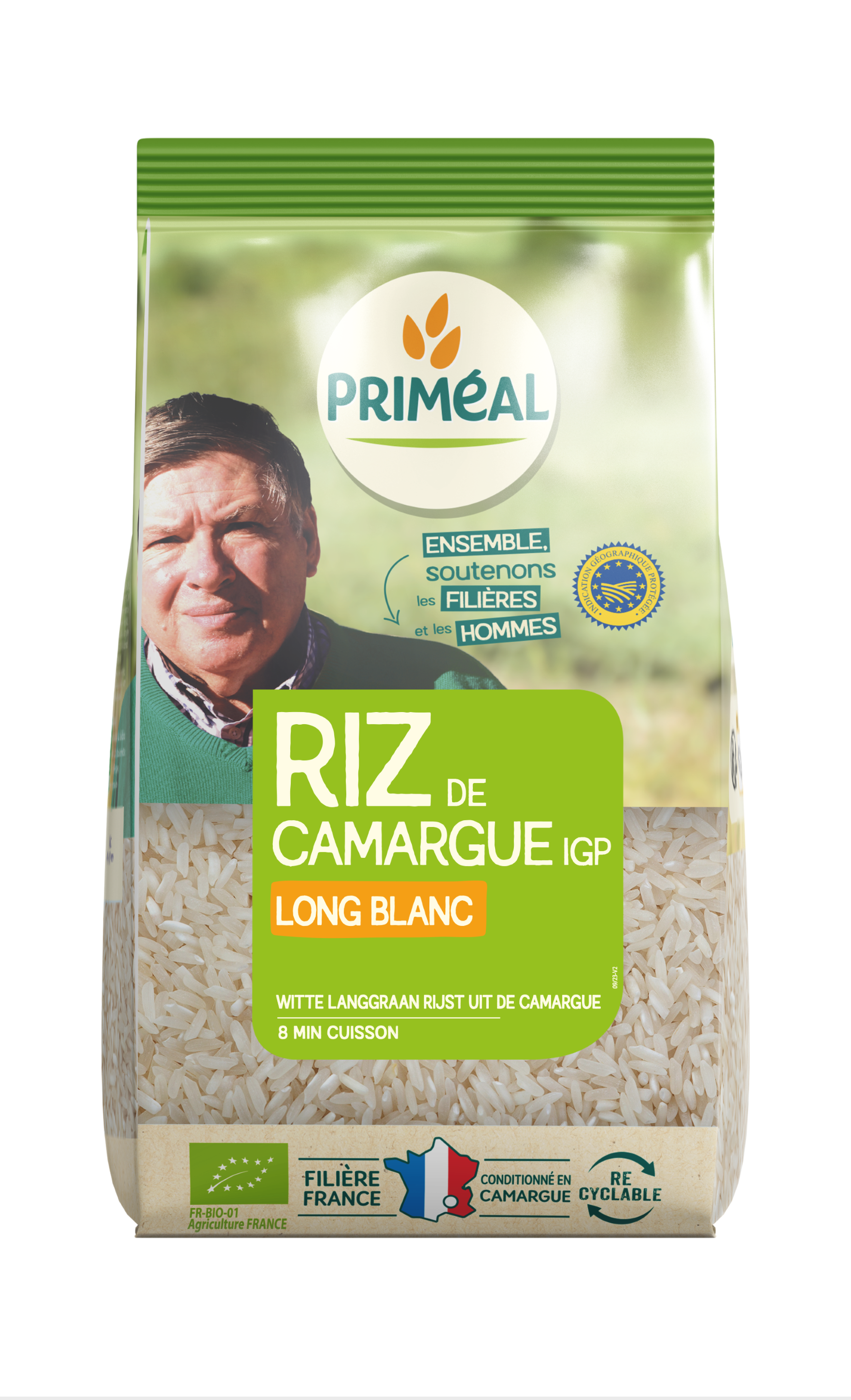 Primeal Witte Langgraan Rijst Camargue bio, 1kg package showing rice grains in a clear bag.