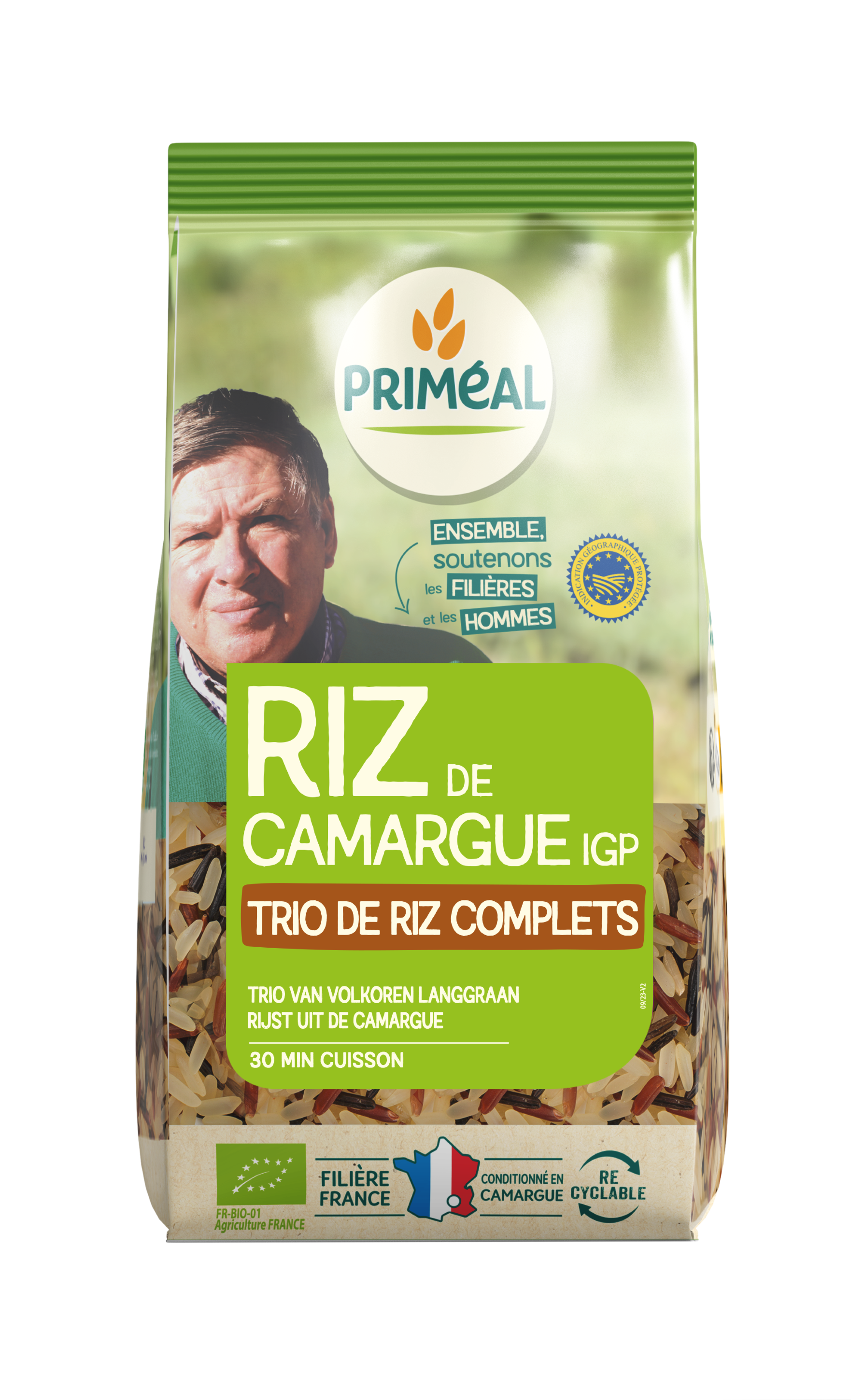 Primeal Rijst Camargue trio bio, 500g package of organic rice blend with three varieties, in a natural rice grain display