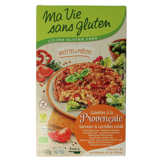 Ma Vie Sans vegan gluten-free Provencal-style veggie burgers, 2 x 100g, displayed on a plate with fresh herbs.