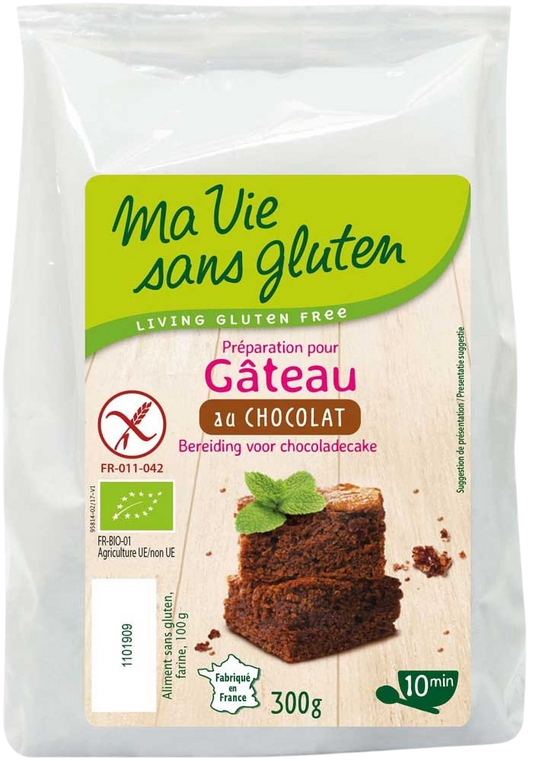 Gluten-free bio chocolate cake mix by Ma Vie Sans in a 300g package, displayed in a resealable bag with chocolate imagery.