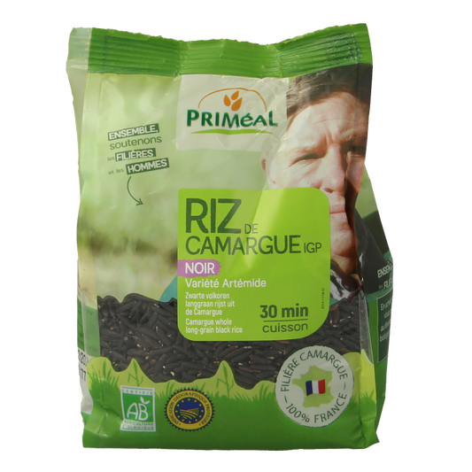 Primeal Zwarte volkoren langgraan Camargue biologische pasta in 250g package, showing dark whole grain rice grains.