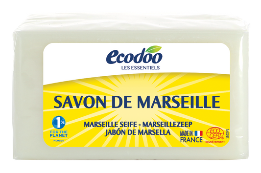 Ecodoo Marseillezeep bio 400g natural soap for laundry in a white bar with green accents, suitable for eco-friendly washing.
