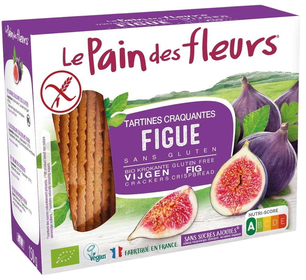Pain Des Fleurs gluten-free fig crackers in a 150g package, crispy and packed with natural flavors.