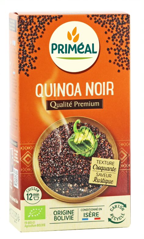 Primeal organic black quinoa in 500g package, showcasing the cooked and raw quinoa grains in a clear bowl and on a label.
