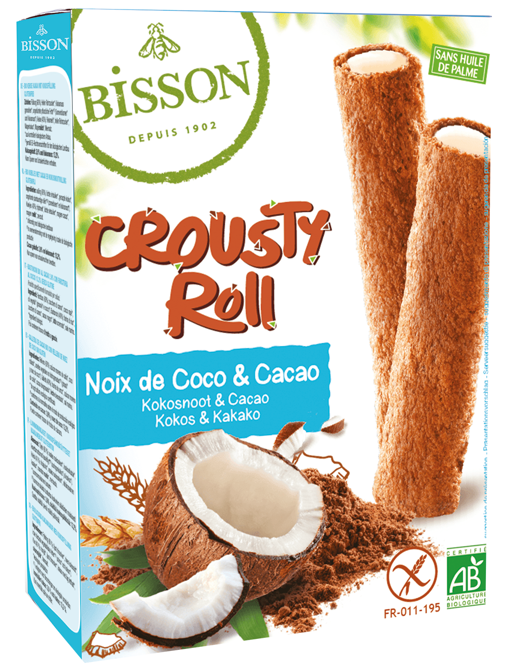 Bisson Crousty kokos cacao bio koeken with coconut and cacao flavor, shown in a close-up of the baked roll on a white background.
