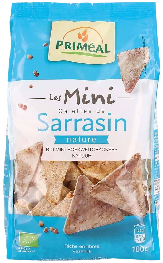 Primeal Mini boekweitcrackers naturel bio, 100g, crisp gluten-free crackers with a light, natural appearance.