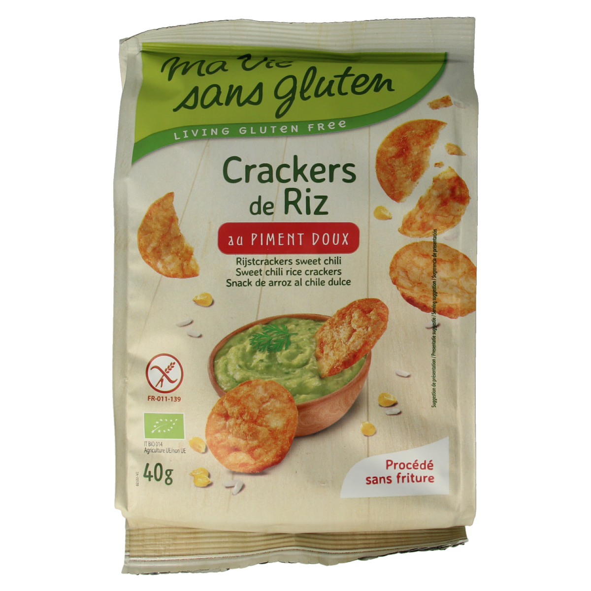 Ma Vie Sans sweet chili rice crackers, gluten-free bio snack in 40g pack, crispy, flavorful, perfect for a healthy bite.