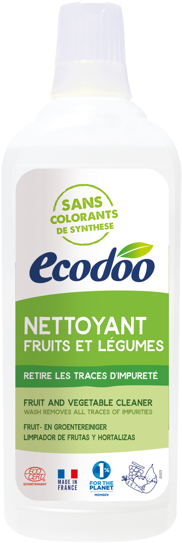 Ecodoo organic fruit and vegetable cleaner in a 750ml bottle, natural cleaning product for fresh produce.