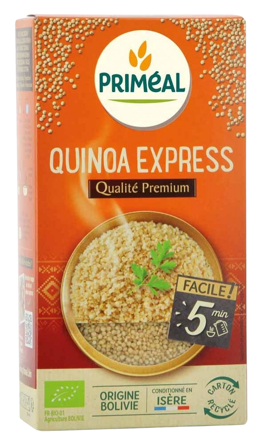 Primeal quinoa express puur natuur bio 250g package, organic gluten-free quinoa in a resealable bag.