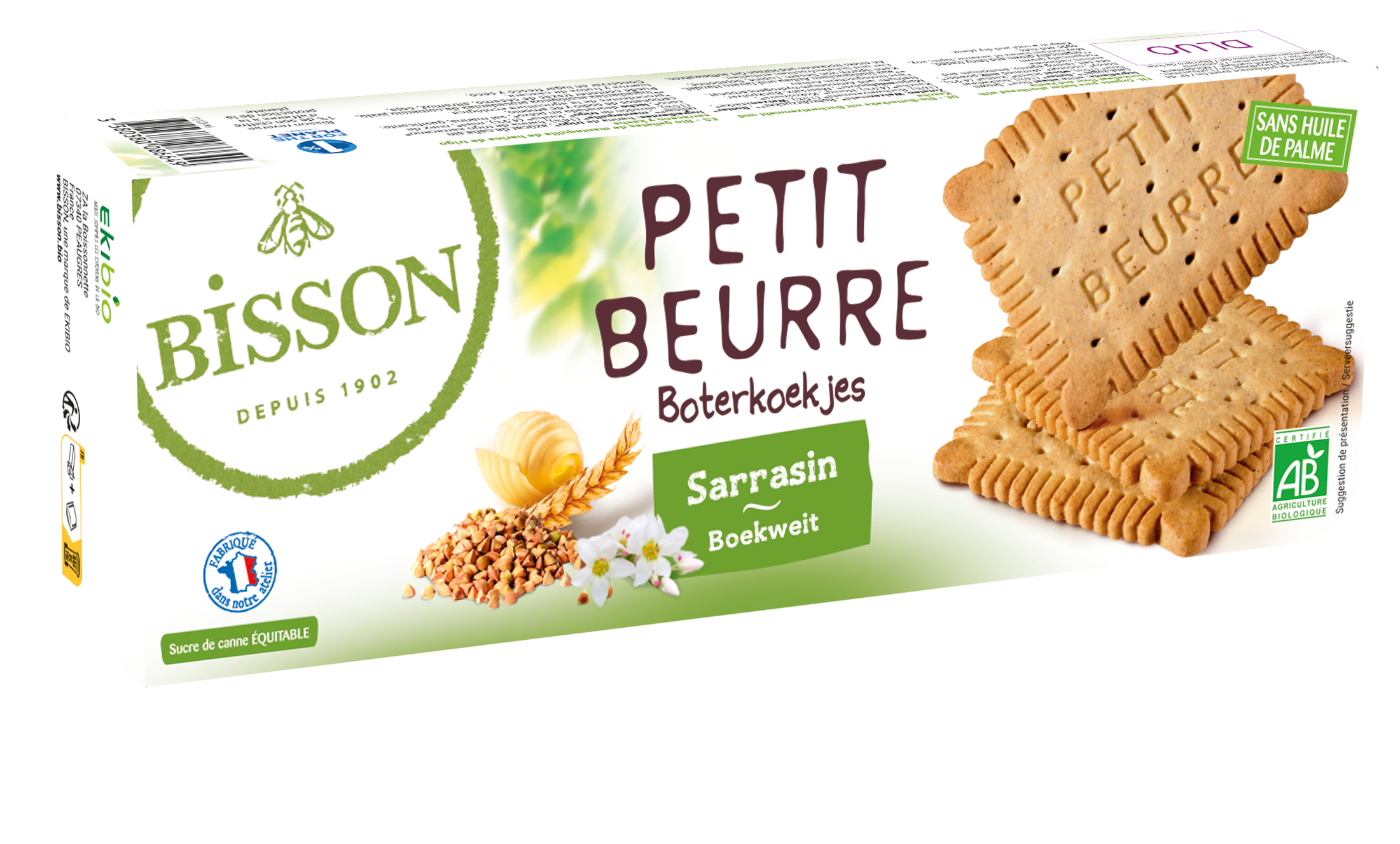 Bisson bio boekweit biscuitjes koeken, 150g, with golden-brown baked biscuits visible on a white background.