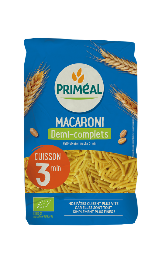 Primeal Macaroni halfvolkoren snelkook 3 minuten bio 500.00 Gram
