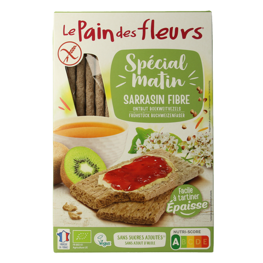 Pain Des Fleurs matin boekweit crackers, organic breakfast crackers in a 230g package, shown in a close-up image.