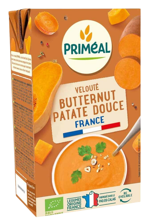 Primeal organic sweet potato and butternut squash soup in a 1-liter container, showcasing a creamy, vibrant orange soup with fresh ingredients.